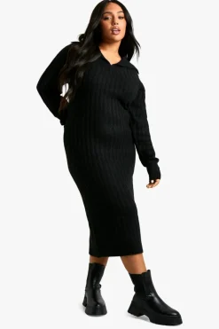 Maxi Dresses|Jumper Dresses*boohoo Plus Soft Knit Thick Rib Collar Detail Maxi Dress black
