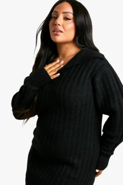 Maxi Dresses|Jumper Dresses*boohoo Plus Soft Knit Thick Rib Collar Detail Maxi Dress black