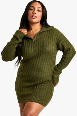 Jumper Dresses|Jumper Dresses*boohoo Plus Soft Knit Thick Rib Zip Neck Oversized Mini Dress khaki