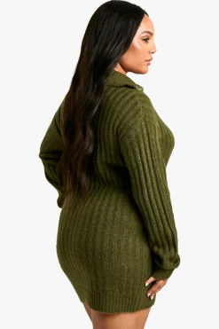 Jumper Dresses|Jumper Dresses*boohoo Plus Soft Knit Thick Rib Zip Neck Oversized Mini Dress khaki
