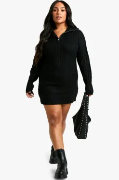 Jumper Dresses|Jumper Dresses*boohoo Plus Soft Knit Thick Rib Zip Neck Oversized Mini Dress black