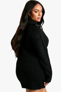 Jumper Dresses|Jumper Dresses*boohoo Plus Soft Knit Thick Rib Zip Neck Oversized Mini Dress black