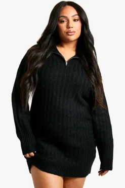 Jumper Dresses|Jumper Dresses*boohoo Plus Soft Knit Thick Rib Zip Neck Oversized Mini Dress black