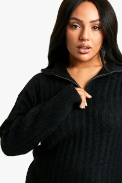 Jumper Dresses|Jumper Dresses*boohoo Plus Soft Knit Thick Rib Zip Neck Oversized Mini Dress black