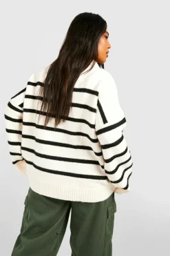 Jumpers|Knitwear*boohoo Plus Soft Knot Collar Stripe Jumper ecru