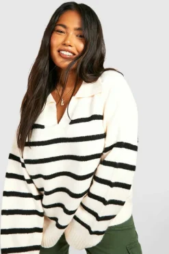 Jumpers|Knitwear*boohoo Plus Soft Knot Collar Stripe Jumper ecru
