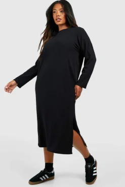 Midi Dresses*boohoo Plus Soft Rib Crew Neck Split Midi Dress black