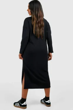 Midi Dresses*boohoo Plus Soft Rib Crew Neck Split Midi Dress black