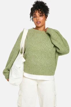 Jumpers*boohoo Plus Soft Rib Knit Balloon Sleeve Jumper khaki