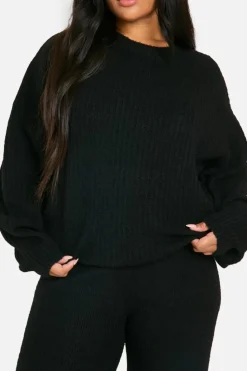 Jumpers*boohoo Plus Soft Rib Knit Balloon Sleeve Jumper black