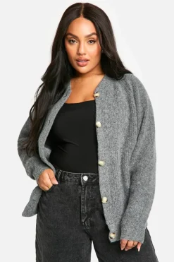 Cardigans*boohoo Plus Soft Rib Knit Bomber Cardigan charcoal