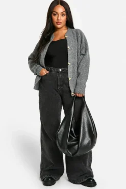 Cardigans*boohoo Plus Soft Rib Knit Bomber Cardigan charcoal