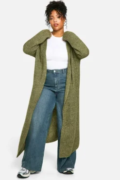 Cardigans|Jumpers & Cardigans*boohoo Plus Soft Rib Knit Edge To Edge Maxi Cardigan khaki