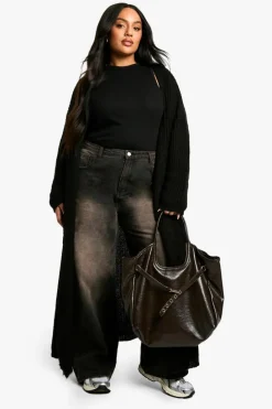Cardigans|Jumpers & Cardigans*boohoo Plus Soft Rib Knit Edge To Edge Maxi Cardigan black