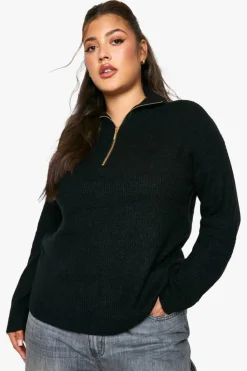 Jumpers|Jumpers & Cardigans*boohoo Plus Soft Rib Knit Half Zip Collar Jumper black