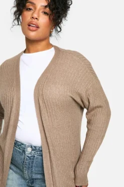 Cardigans|Knitwear*boohoo Plus Soft Rib Knit Longline Maxi Edge To Edge Cardigan taupe