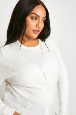 Cardigans*boohoo Plus Soft Rib Knit Slouchy Boyfriend Cardigan ecru