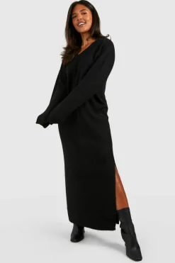 Jumper Dresses|Jumper Dresses*boohoo Plus Soft Rib Polo Midaxi Dress black