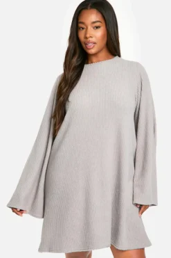 Smock Dresses|Mini Dresses*boohoo Plus Soft Rib Tie back Smock Dress grey marl