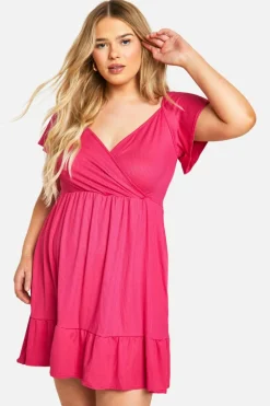 Smock Dresses|Wrap Dresses*boohoo Plus Soft Rib Wrap Tiered Smock Dress hot pink