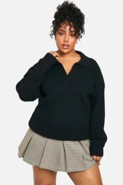 Jumpers|Jumpers & Cardigans*boohoo Plus Soft Wide Rib Knit Collared Jumper black