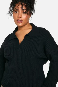 Jumpers|Jumpers & Cardigans*boohoo Plus Soft Wide Rib Knit Collared Jumper black
