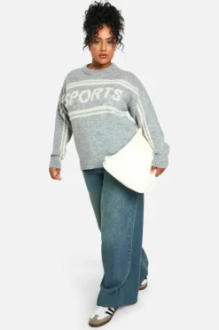 Jumpers*boohoo Plus Sports Crew Neck Knitted Jumper ash grey