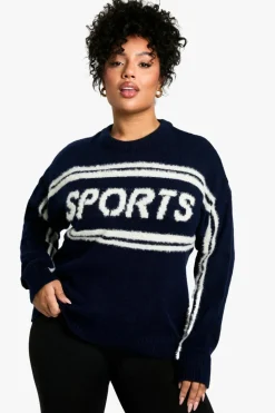 Jumpers*boohoo Plus Sports Crew Neck Knitted Jumper navy