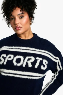 Jumpers*boohoo Plus Sports Crew Neck Knitted Jumper navy