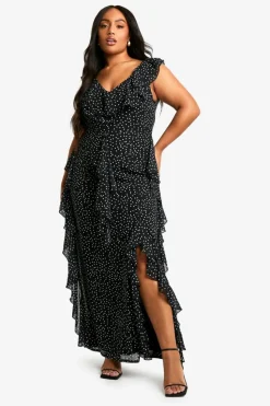Skater Dresses|Maxi Dresses*boohoo Plus Spot Print Ruffle Detail Maxi Dress black
