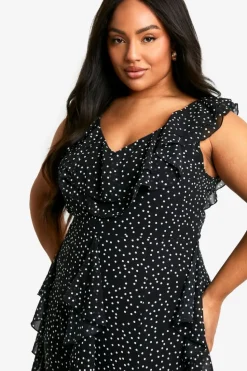 Skater Dresses|Maxi Dresses*boohoo Plus Spot Print Ruffle Detail Maxi Dress black