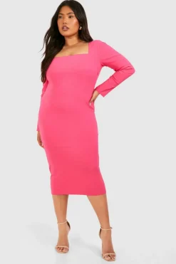 Midi Dresses*boohoo Plus Square Neck Bengaline Midi Dress pink