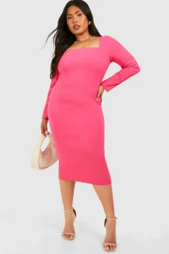 Midi Dresses*boohoo Plus Square Neck Bengaline Midi Dress pink