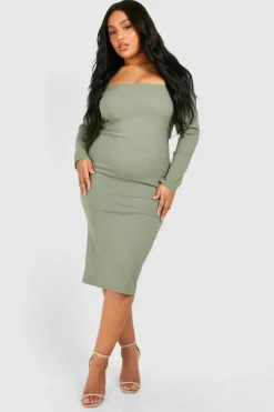 Midi Dresses*boohoo Plus Square Neck Bengaline Midi Dress khaki
