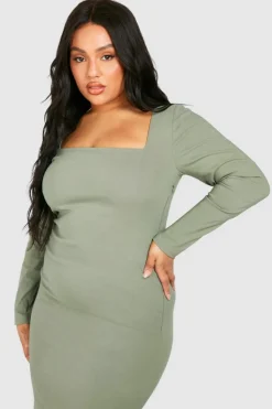 Midi Dresses*boohoo Plus Square Neck Bengaline Midi Dress khaki