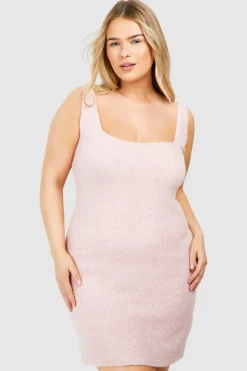 Jumper Dresses|Jumper Dresses*boohoo Plus Square Neck Knitted Mini Dress baby pink