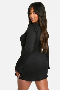 Mini Dresses|Long Sleeve Dresses*boohoo Plus Square Tie Cuff Mini Shift Dress black