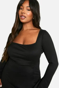 Mini Dresses|Long Sleeve Dresses*boohoo Plus Square Tie Cuff Mini Shift Dress black