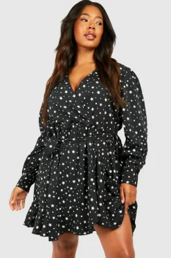 Wrap Dresses|Skater Dresses*boohoo Plus Star Print Wrap Ruffle Skater Dress black