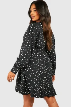 Wrap Dresses|Skater Dresses*boohoo Plus Star Print Wrap Ruffle Skater Dress black