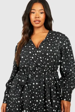 Wrap Dresses|Skater Dresses*boohoo Plus Star Print Wrap Ruffle Skater Dress black