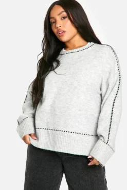 Oversized Jumpers|Jumpers*boohoo Plus Stitch Detail Soft Knit Oversized Crew Neck Jumper grey