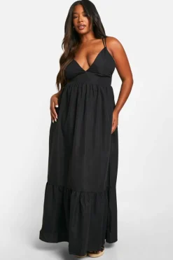 Smock Dresses*boohoo Plus Strappy Frill Hem Maxi Dress black