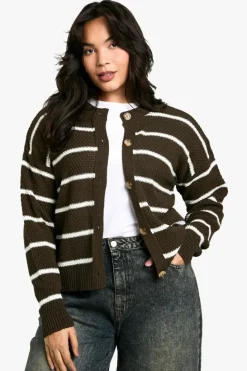 Cardigans*boohoo Plus Stripe Crew Neck Soft Knit Cardigan charcoal