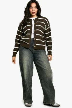 Cardigans*boohoo Plus Stripe Crew Neck Soft Knit Cardigan charcoal