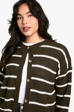 Cardigans*boohoo Plus Stripe Crew Neck Soft Knit Cardigan charcoal