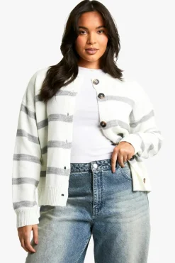 Cardigans|Jumpers & Cardigans*boohoo Plus Stripe Crew Neck Soft Knit Cardigan ecru