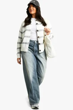 Cardigans|Jumpers & Cardigans*boohoo Plus Stripe Crew Neck Soft Knit Cardigan ecru