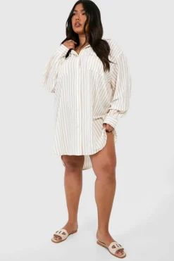 Shirt Dresses*boohoo Plus Stripe Oversized Shirt Dress stone