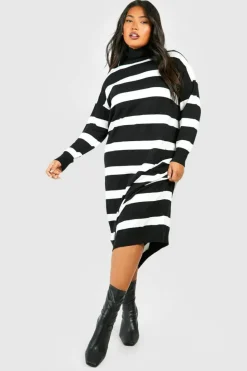 Jumper Dresses|Jumper Dresses*boohoo Plus Stripe Roll Neck Midaxi Knitted Dress black